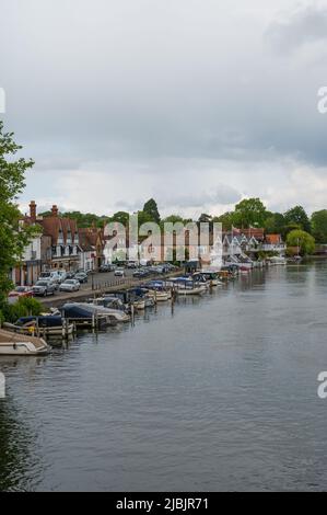 View along the River Thames from Henley Bridge on a dull cloudy day, Henley on Thames, Oxfordshire, England, UK Stock Photo