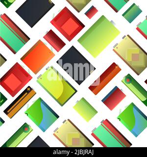 Bunch of Battery Energy source. Seamless pattern. Electricity accumulator. Galvanic cell. electrolytic dissociation. Isolated on white background Stock Vector