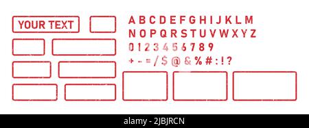 Rubber grunge stamps and letters. Vintage rubber rectangular stamp designer. Red frames and font, alphabet, numbers. Grunge vintage square seal label Stock Vector