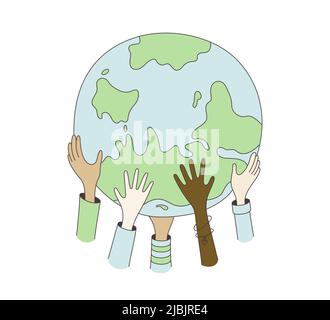 Children hands holding globe. Happy Earth Day. World Children day hand drawn card. Doodle multicultural kids hands holding Earth. Peace concept Stock Vector