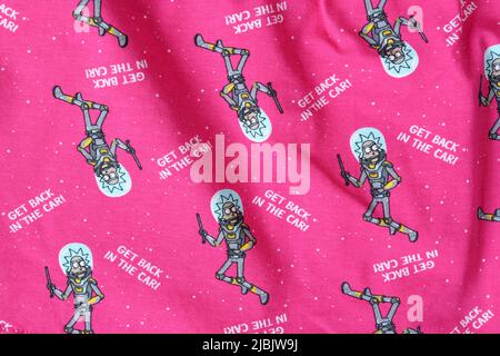 Tyumen, Russia-May 11, 2022: Rick and Morty adult animated science fiction sitcom. Clothing with a logo Stock Photo