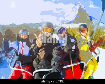 people on a ski lift, skiing and snowboard, winter landscape. illustration. Stock Photo