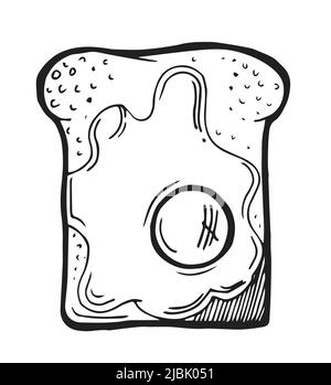 Piece of bread with scrambled eggs. Ready dish. Food delicious. Hand drawing outline. Isolated on white background. Monochrome drawing. Vector Stock Vector