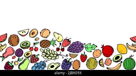 Garden fruits. Edible food plants. Bottom border at edge. Continuous seamless picture. Hand drawing outline. Isolated on white background. Vector Stock Vector