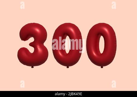300 3d number balloon made of realistic metallic air balloon 3d rendering. 3D Red helium balloons for sale decoration Party Birthday, Celebrate anniversary, Wedding Holiday. Vector illustration Stock Vector