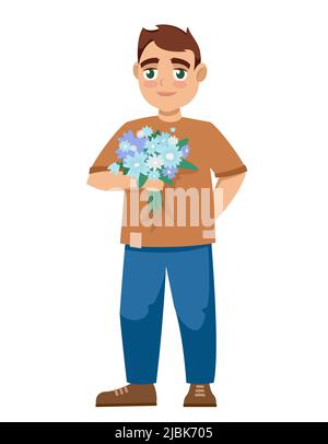 Boy holding bouquet of flowers. Character in cartoon style. Stock Vector