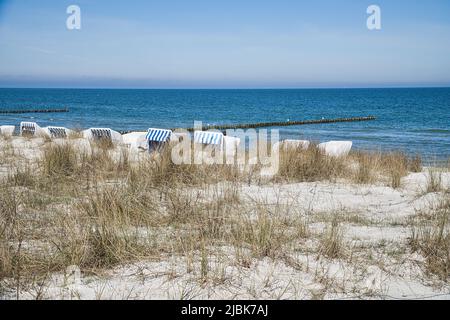 Beach chairs on the beach of Zingst on the Baltic Sea. Vacation with sunshine and sea. Taken behind the dunes. Stock Photo