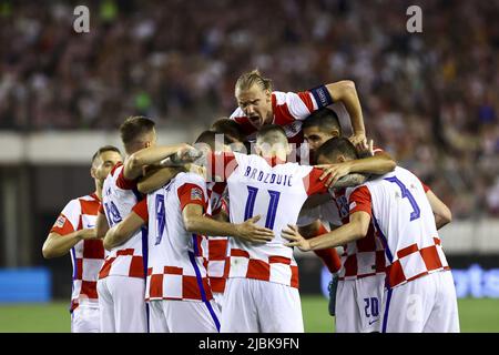 Split, Croatia. 6th June, 2022. Players of Croatia celebrate a goal by Andrej Kramaric during the UEFA Nations League League A Group 1 football match between Croatia and France at Stadion Poljud in Split, Croatia, on June 6, 2022. Credit: Igor Kralj/PIXSELL via Xinhua/Alamy Live News Stock Photo