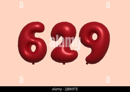 629 3d number balloon made of realistic metallic air balloon 3d rendering. 3D Red helium balloons for sale decoration Party Birthday, Celebrate anniversary, Wedding Holiday. Vector illustration Stock Vector