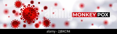 Monkeypox virus cells outbreak wide medical banner. Monkeypox virus cells on white sciense background. Monkey pox microbiological wide vector Stock Vector