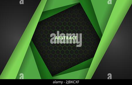 Dark gray and green carbon fiber honeycomb background with geometric green paper shapes. Modern futuristic hexagon abstract background. Vector Stock Vector