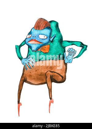 Watercolor illustration of blue humpbacked cartoon monster wearing smart clothes shirt, bow tie and trousers. Stock Photo