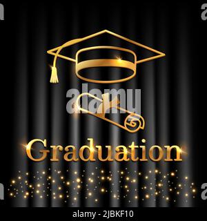 Congratulations on graduation with an inscription in gold on a black background. Congratulatory shiny poster with golden confetti, hat and outline Stock Vector