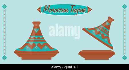 Moroccan Tagine (ceramic pot). Tajine is one of the most famous kitchen utensils in the world. Moroccan dish. Vector illustration. Stock Vector