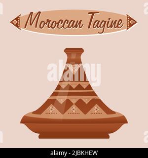 Moroccan Tagine (ceramic pot). Tajine is one of the most famous kitchen utensils in the world. Moroccan dish. Vector illustration. Stock Vector