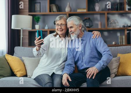 Elderly couple of senior retirees Happy gray haired grandparents communicate online in a video call using a mobile phone smartphone. laugh and wave ha Stock Photo