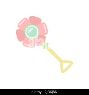 Baby rattle. Simple cute flat icon. Children's toy with a handle in the shape of a flower. Item for toddlers. Element for greeting card design on baby shower. Essential goods for children. Stock Vector