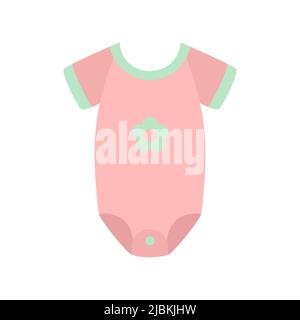 Summer baby bodysuit. Pink clothes for a newborn girl. Simple cute flat icon. Cartoon element for design of children's goods, books, stickers. Item for toddlers. Clipart for postcards. Stock Vector