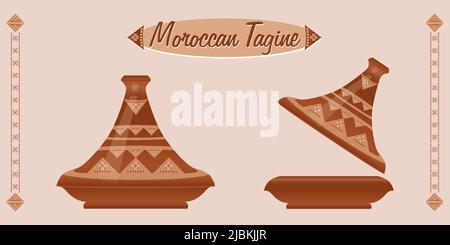 Moroccan Tagine (ceramic pot). Tajine is one of the most famous kitchen utensils in the world. Moroccan dish. Vector illustration. Stock Vector