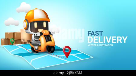 Robot delivery vector concept design. Fast delivery text with robotic rider character with boxes, map and motorcycle elements for ai shopping deliver. Stock Vector