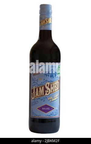 bottle of Jam Shed Mendoza Malbec red wine isolated on white background, product of Argentina, Argentinian sold in the UK - rich jammy & smooth Stock Photo