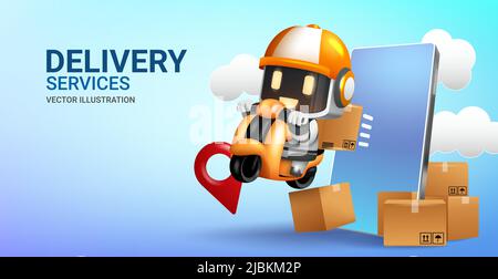 Delivery services vector concept design. Delivery services text with robot delivery rider character in phone and motorcycle elements for shopping. Stock Vector
