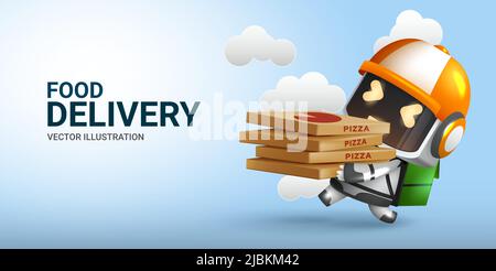 Food delivery robot vector design. Food delivery with robotic assistant character and pizza boxes elements for fast delivering ai service. Stock Vector