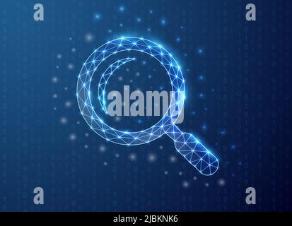 Magnifying glass polygonal symbol with binary code background. Analysis tool concept design illustration. Loupe low poly symbol with connected dots Stock Vector