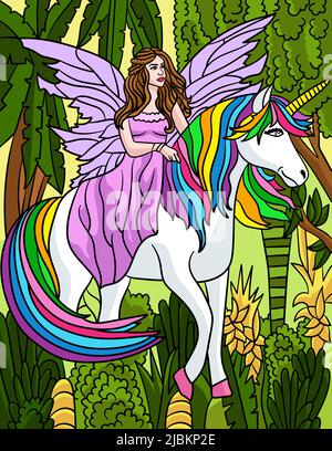 Fairy Riding In Unicorn Colored Cartoon  Stock Vector