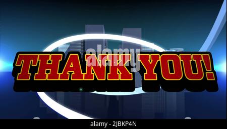 Image of thank you text over cityscape on blue background Stock Photo