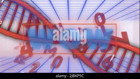 Image of wow text in blue letters over dna strand spinning and numbers changing Stock Photo