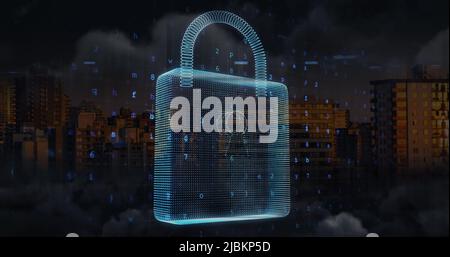 Image of online security padlock and data processing over cityscape Stock Photo