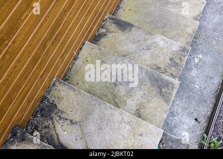 Indian sandstone steps discoloured with algae requiring cleaning, Wales, UK Stock Photo