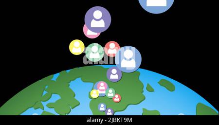 Image of icons with users floating over globe Stock Photo