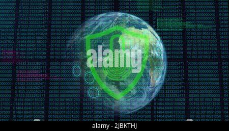 Security padlock icon over spinning globe against binary coding data processing on black background Stock Photo