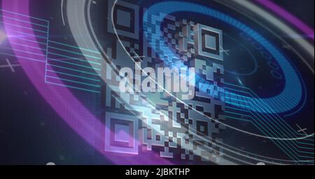 Image of scope scanning and qr code processing over markers in background Stock Photo