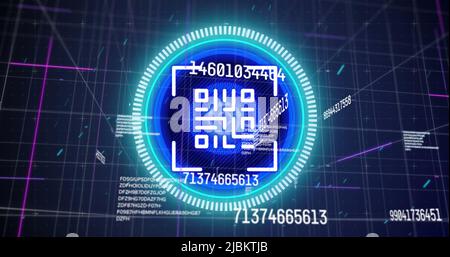 Image of qr code online security, scope scanning and numbers changing over grid in background Stock Photo