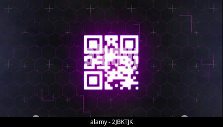 Image of glowing online security qr code with markers and hexagons on black background Stock Photo