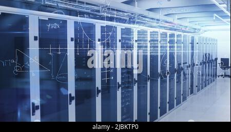 Mathematical equations against empty server room Stock Photo