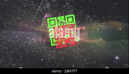 Image of colourful QR code with web connection over space cloud and galaxy Stock Photo