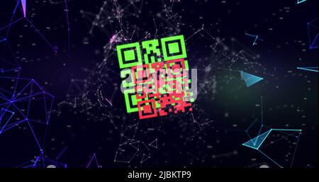 Image of a colourful QR code with blue floating webs of connection Stock Photo