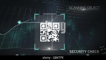 QR code scanning with graphs and statistics rolling over a web of connections on black background Stock Photo
