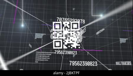 Multiple changing numbers over qr code scanner against grid network on black background Stock Photo