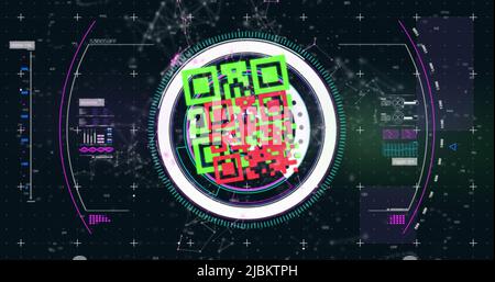 Qr code scanner over network of connections against digital interface on black background Stock Photo