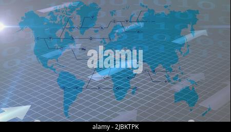 Binary coding data processing and grid network over world map against white background Stock Photo
