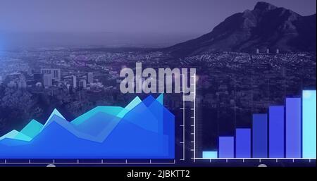 Composite image of statistical data processing and aerial view of the cityscape Stock Photo