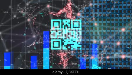 Image of blue QR code over red web of connection, blue graph Stock Photo
