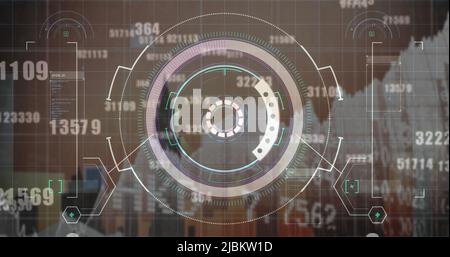 Image of financial data, graphs and processing circle over cityscape Stock Photo