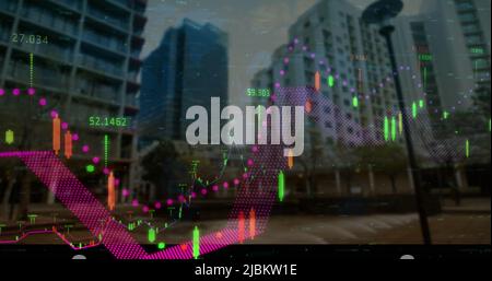 Image of financial data and graphs over cityscape Stock Photo