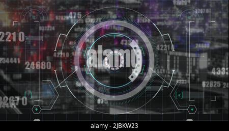 Image of financial data, graphs and processing circle over cityscape Stock Photo